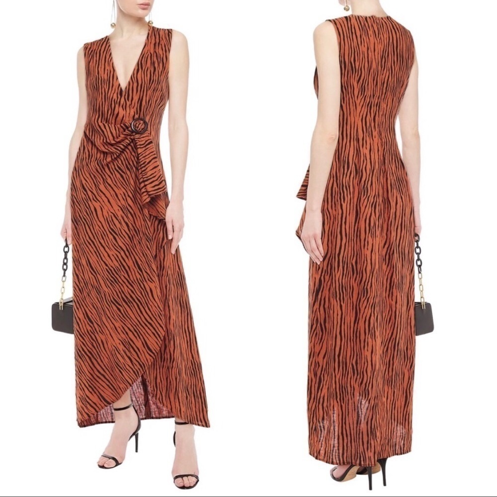 Ronny Kobo Wrap Effect Tiger Print Linen Maxi Dress Casual Cocktail Brown